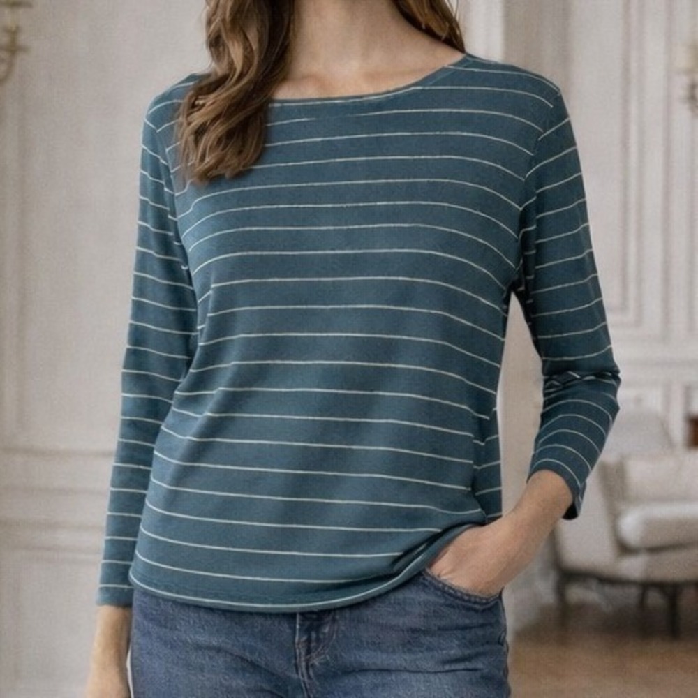 Freefly Blue‎ Striped 3/4 Sleeve Tee Top Bamboo Stretch
